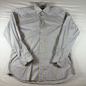 David Donahue Dress Shirt Plaid Button Down Men's L Premium Blue Tan Preppy